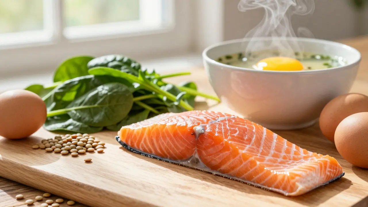 Světlá snímková fotografie zdrojů vitamínu D a železa jako losos a špenát