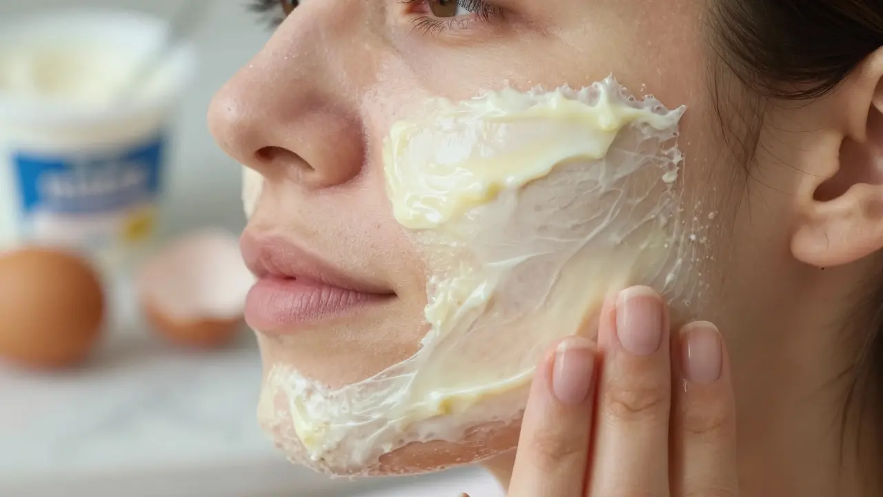 Žena si nanáší pleťovou masku z jogurtu a vaječného bílku
