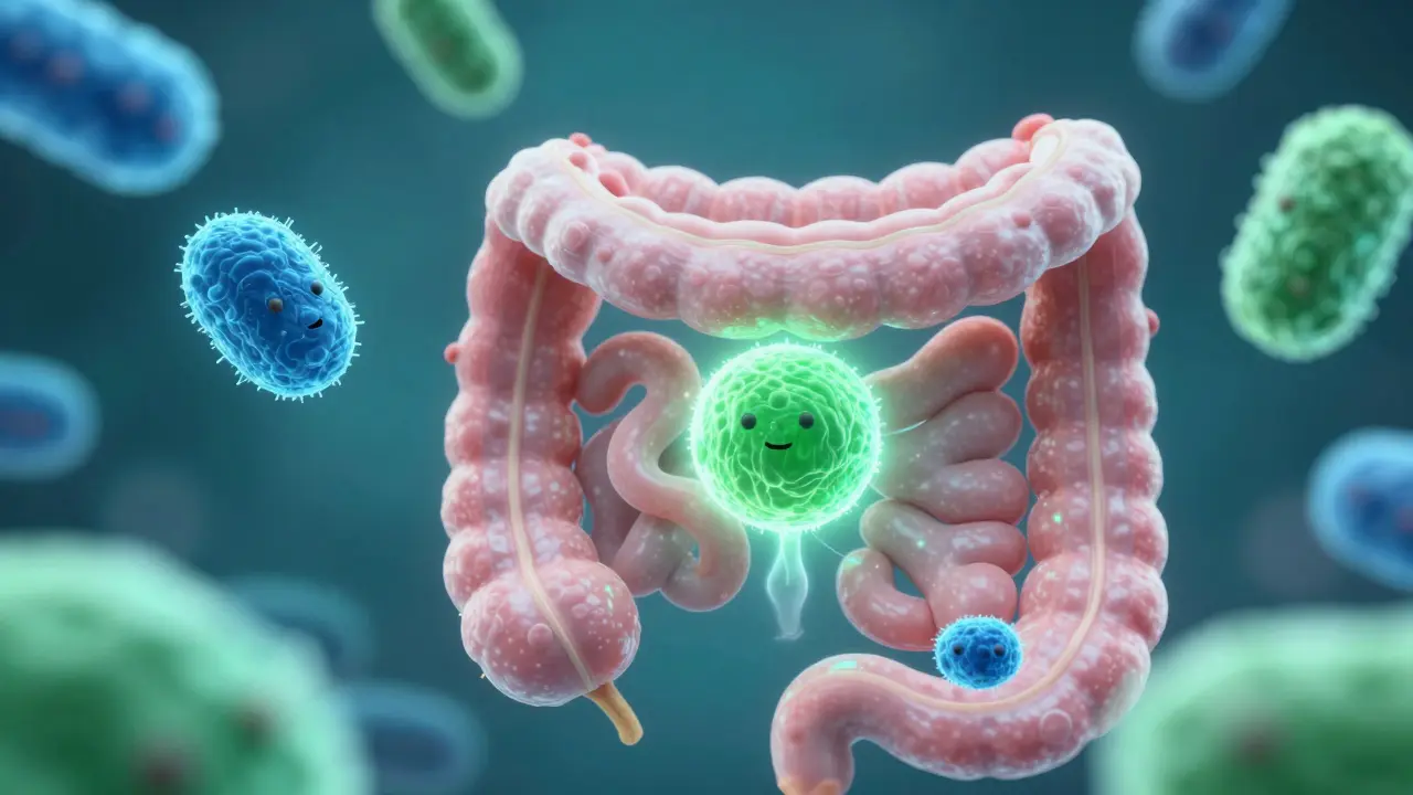Abstraktní ilustrace probiotik a zdravého střevního traktu