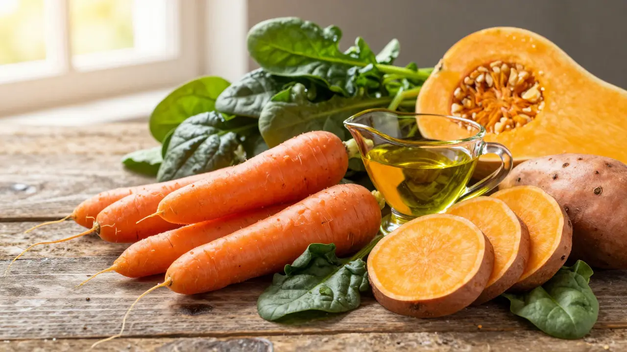 Čerstvé mrkev, dýně a olej jako zdroje vitamínu A