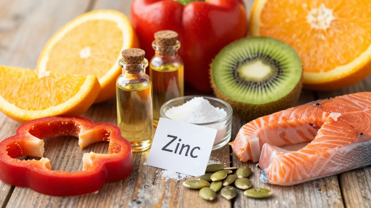 Čerstvé ovoce, zelenina a semena na dřevěném stole jako zdroje vitamínů pro imunitu.
