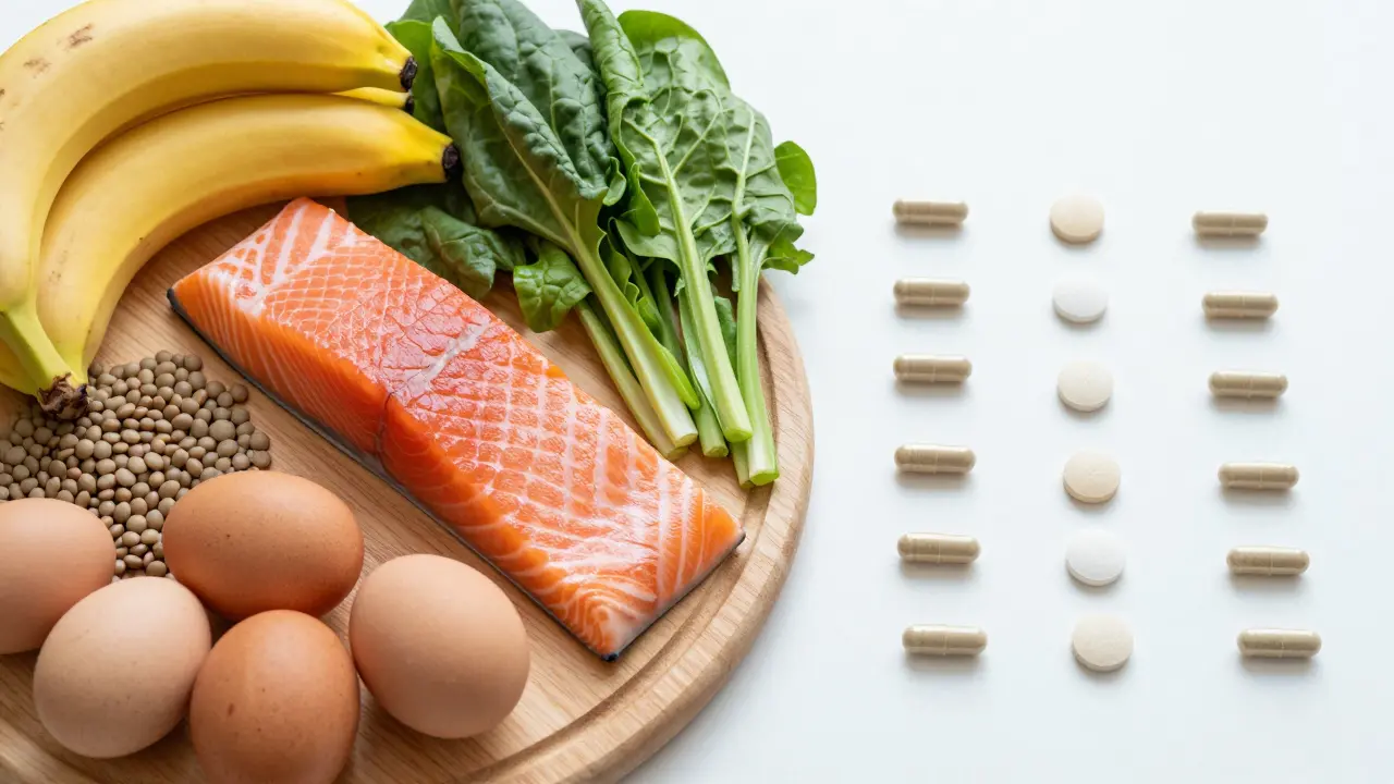 Čerstvé potraviny bohaté na vitamíny B vedle doplňků stravy