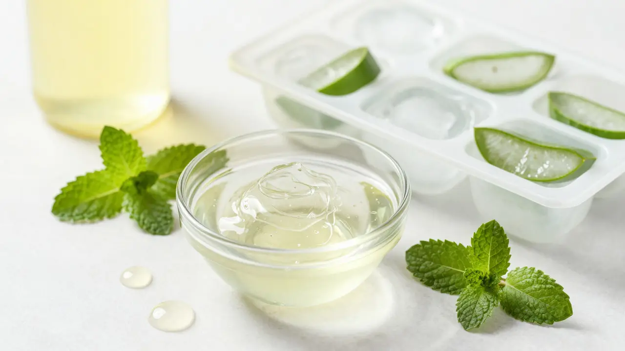 Čerstvý průhledný gel z aloe vera v misce s ledovými kostkami a citronem