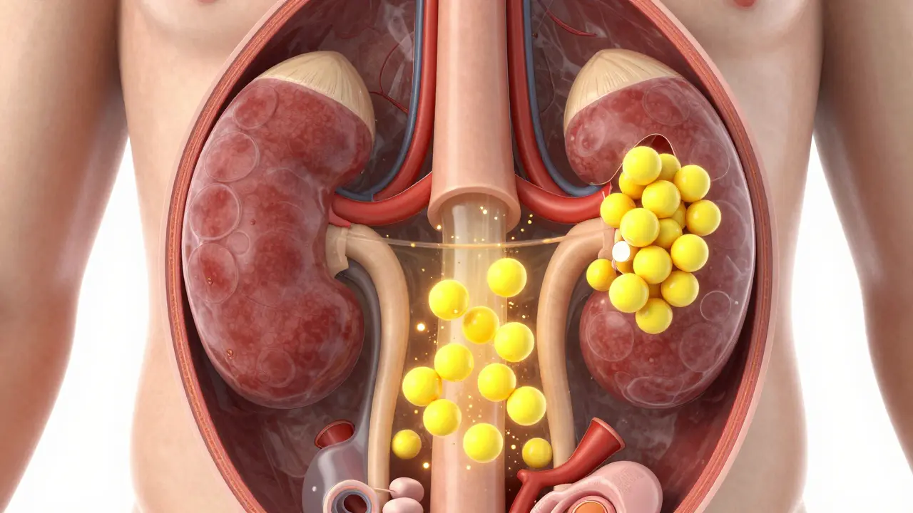 Ilustrace ledvin filtrujících přebytečný žlutý vitamín B z krve