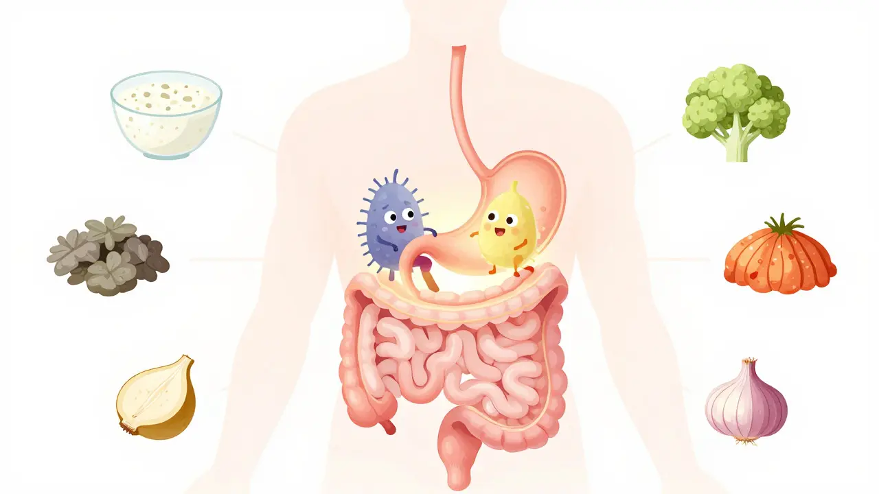 Ilustrace střevního mikrobiomu s přátelskými bakteriemi a fermentovanými potravinami.