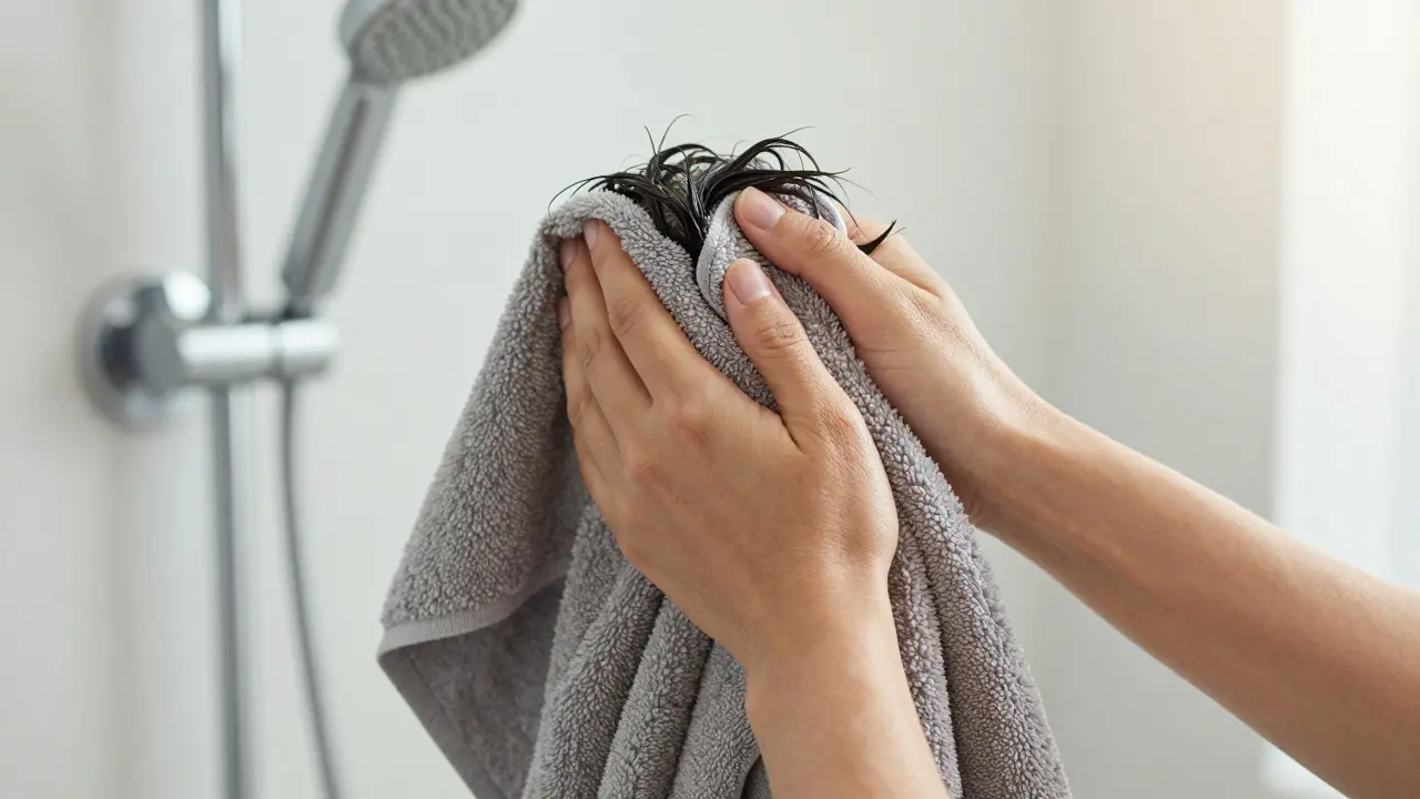 Jemné sušení mokrých vlasů mikrovláknovým ručníkem v koupelně