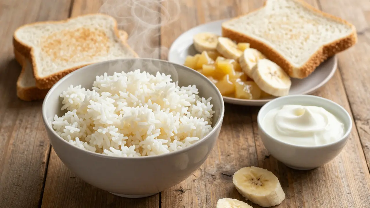 Jídla z diety BRAT: rýže, banány, toast a jogurt