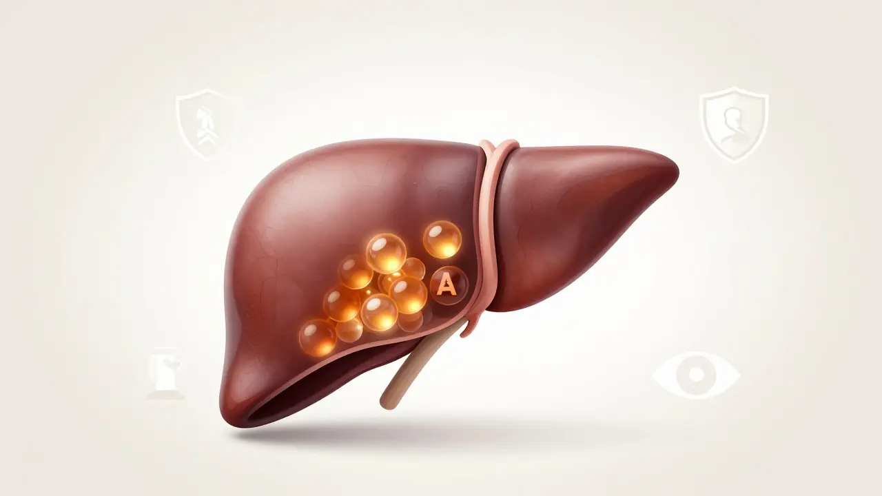 Konceptuální ilustrace jater ukládajících vitamín A