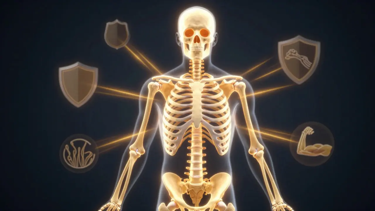 Konceptuální ilustrace kostry a imunitního systému osvětlená zlatým světlem vitamínu D