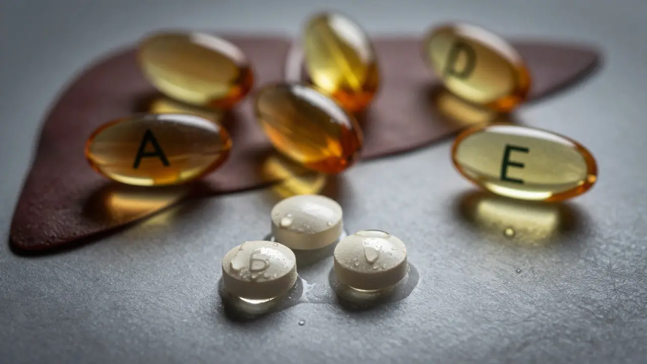 Makro záběr rozpustných vitamínů ve vodě a tucích na pozadí jater