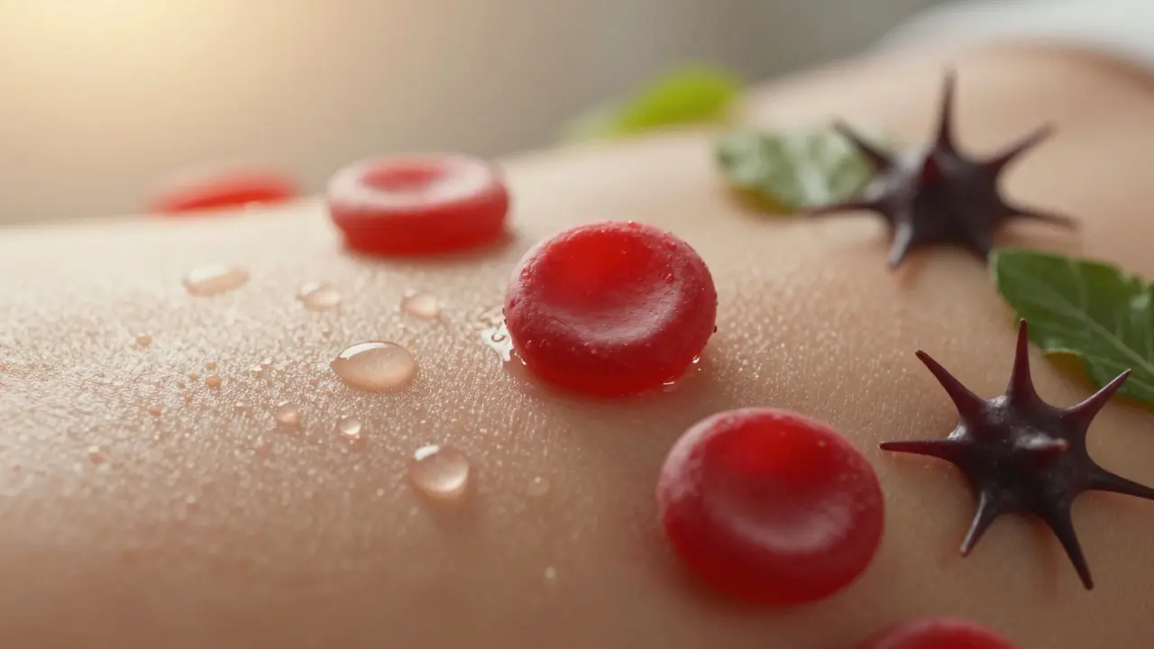 Makro záběr zdravé kůže s vodou a antioxidanty při procesu detoxikace