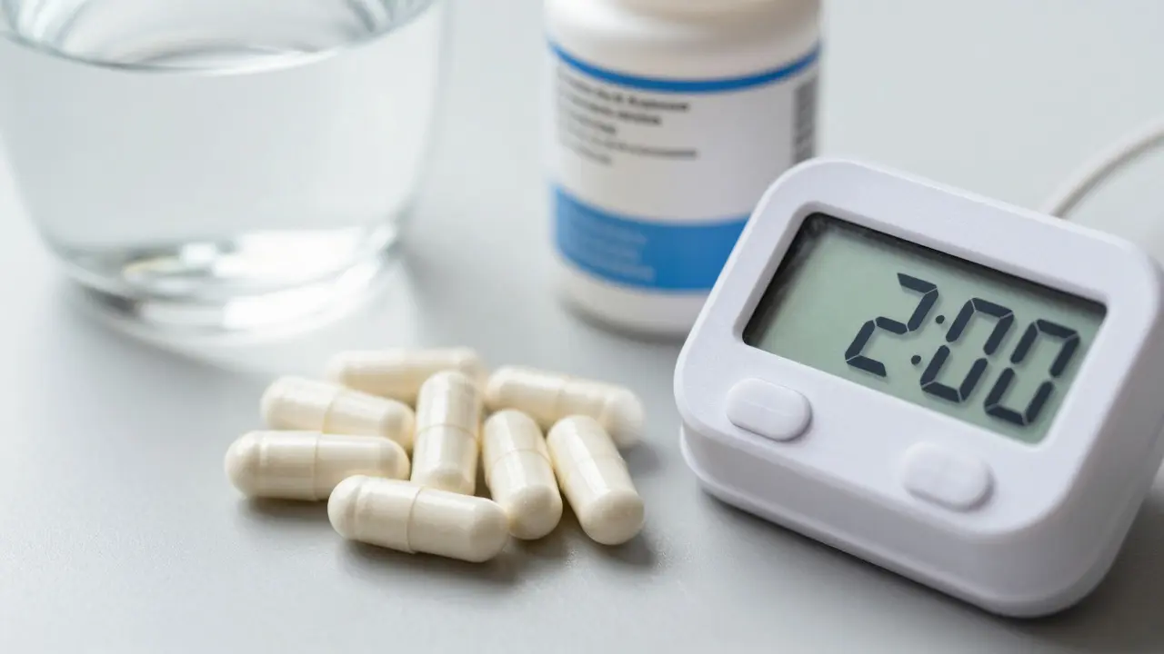 Probiotické kapsle vedle časovače ukazujícího dvouhodinový odstup od antibiotik