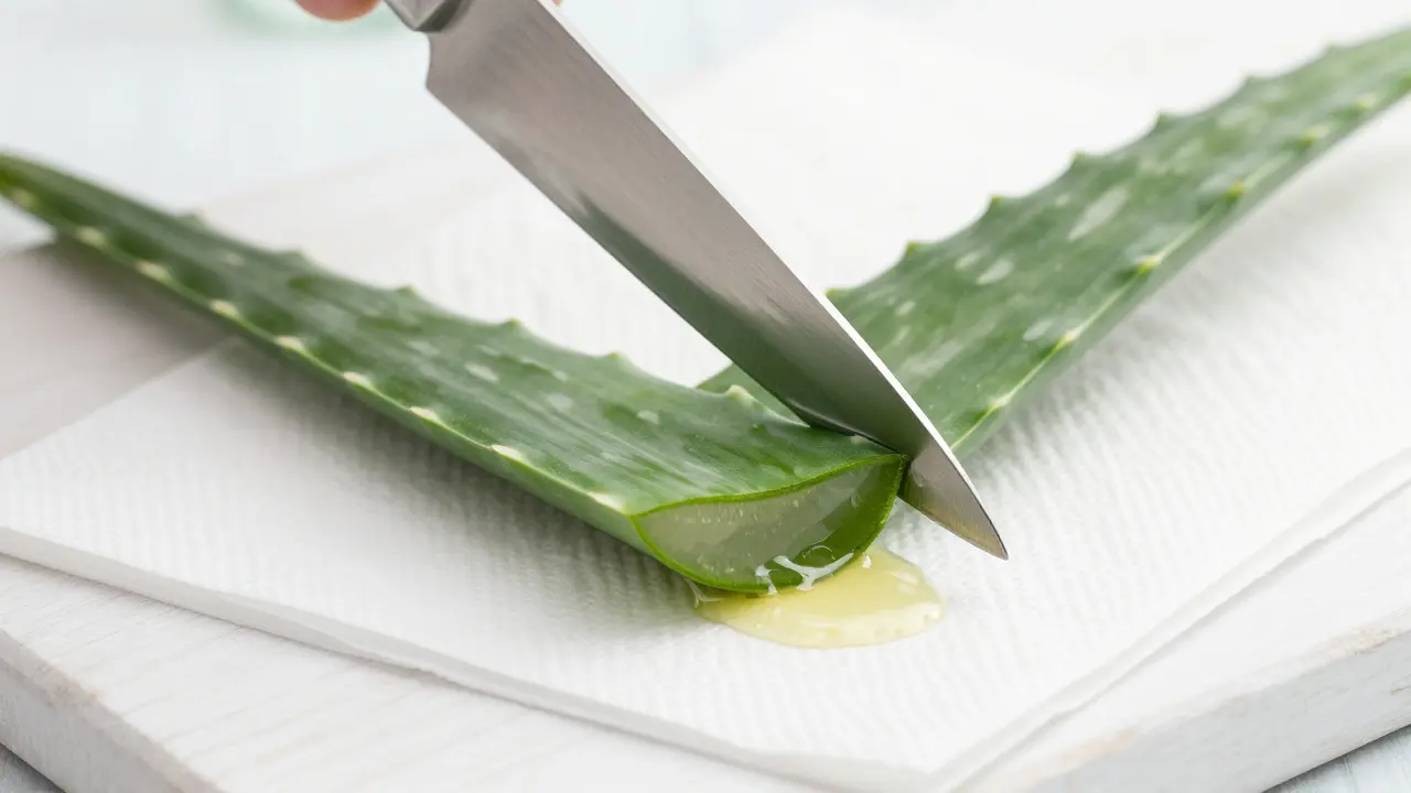 Řezání listu aloe vera nožem na desce s odkapávajícím žlutým latexem