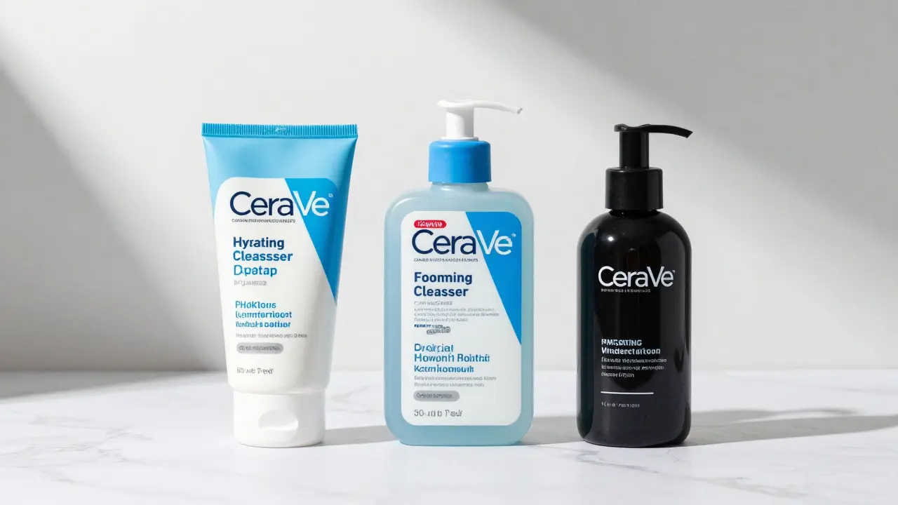 Tři lahvičky produktů CeraVe na bílém mramorovém povrchu