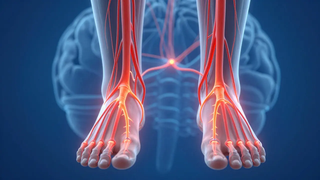 Anatomická ilustrace nervového systému s rozsvícenými končetinami znázorňující neuropatii