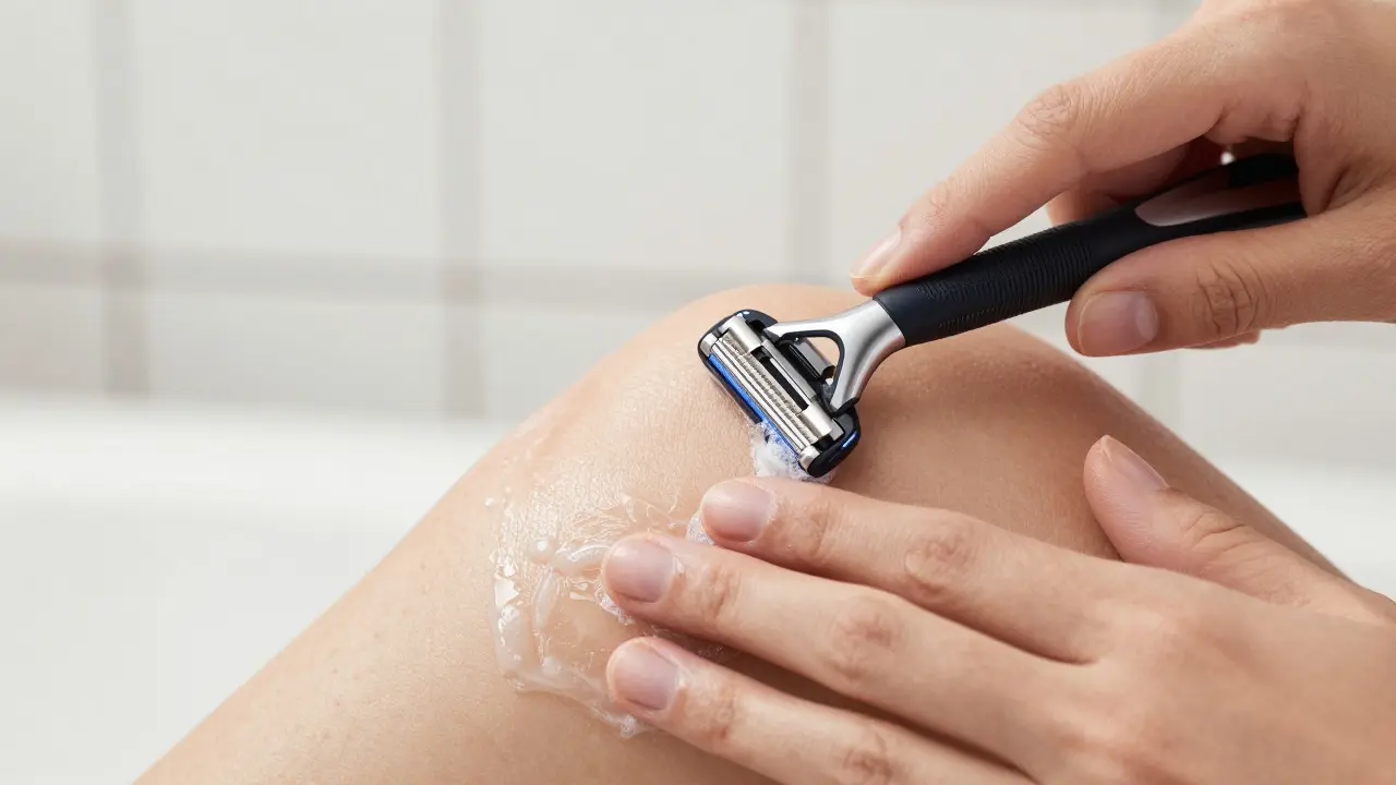 Detail rukou při holení s napnutou kůží a žiletkou pod správným úhlem