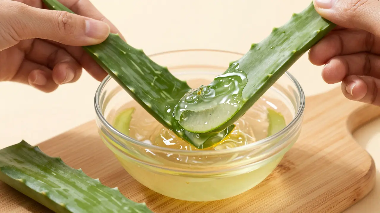 Detailní záběr oddělování průhledného gelu z listu aloe vera do sklenice