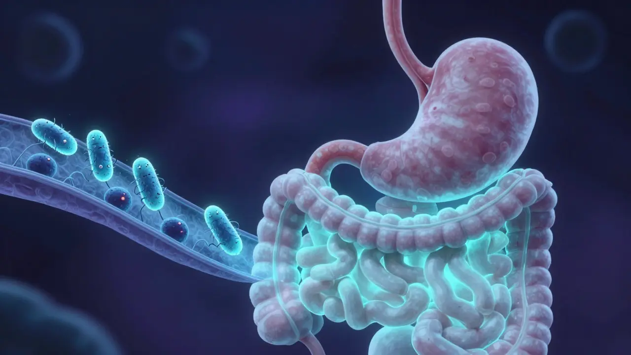 Ilustrace probiotik putujících střevem v noci za pomoci modrého světla
