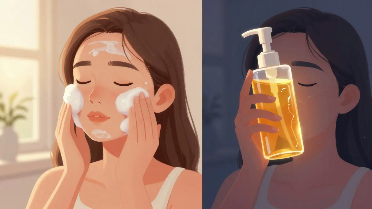 Ilustrace ranního a večerního čištění pleti různými produkty