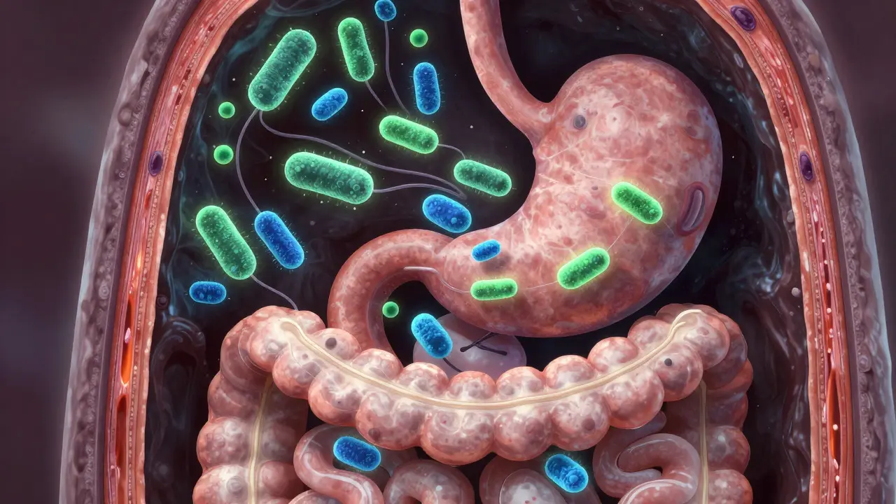 Ilustrace střevního mikrobiomu a bakterií v trávicím traktu