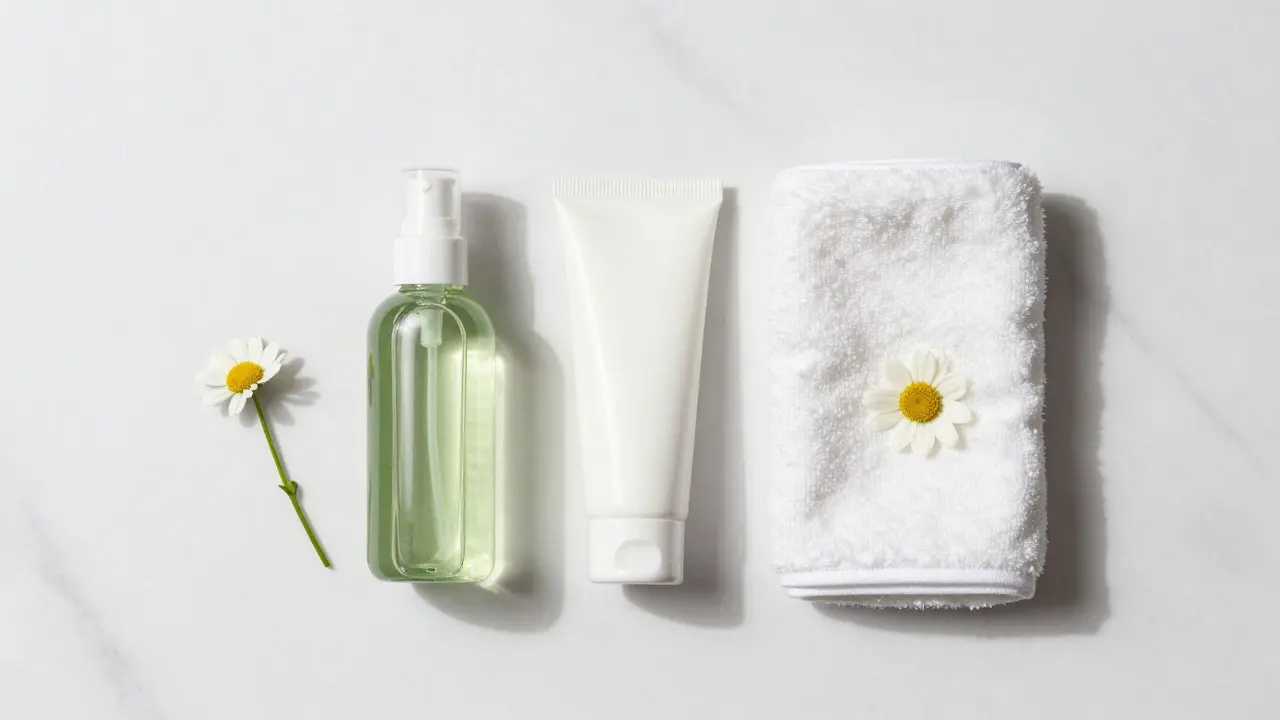 Kosmetika na péči po holení: aloe vera krém a heřmánek na bílém mramoru