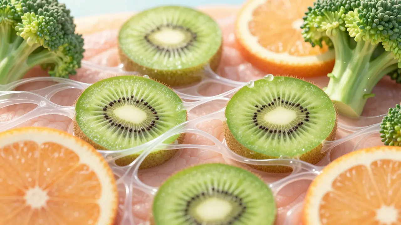 Makro záběr kůže propojené s ovocem a zeleninou symbolizující regeneraci