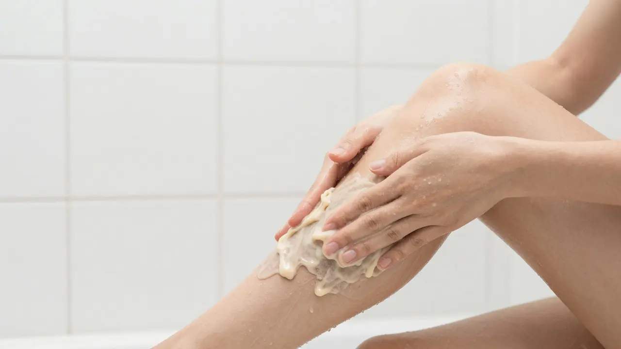 Ruce aplikující krémový peeling na nohu v osvětlené sprše