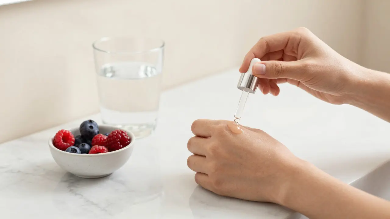 Ruční aplikace séra s antioxidanty na čistou pleť