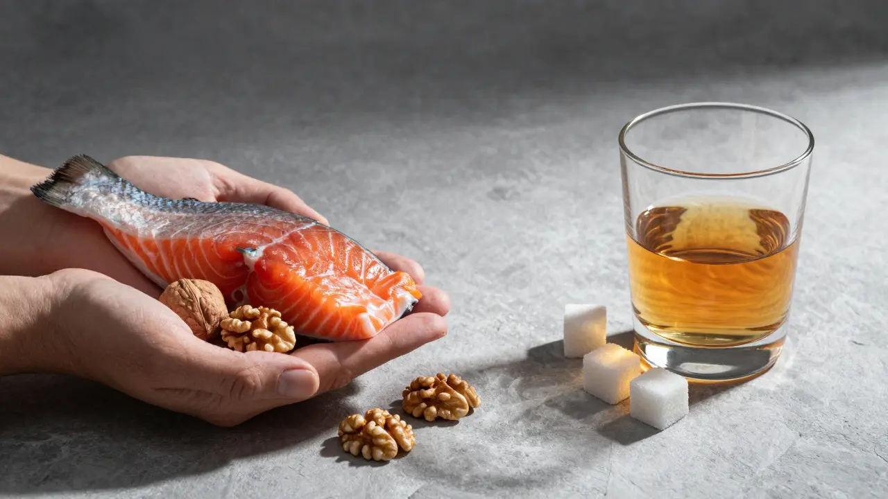 Ruka drží lososa a ořechy vedle cukru a alkoholu