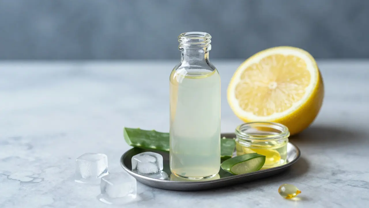 Skleněná lahvička s šťávou z aloe vera vedle citronu a vitamínu E