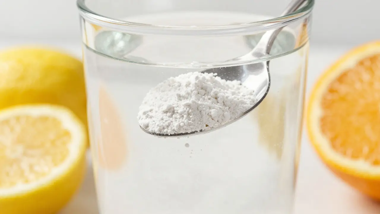 Sklenice vody s bílým práškem kolagenu a citrony vedle ní