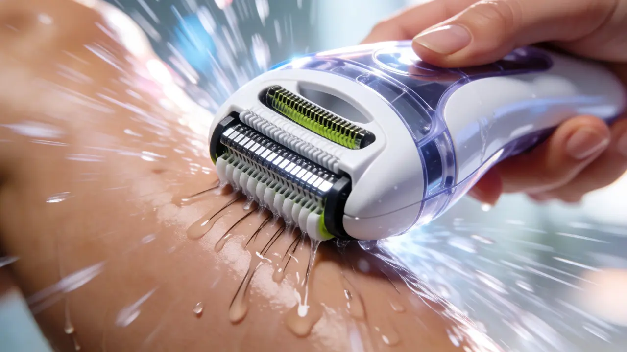 Elektrický epilátor v akci odstraňující chloupky z nohy ve sprše