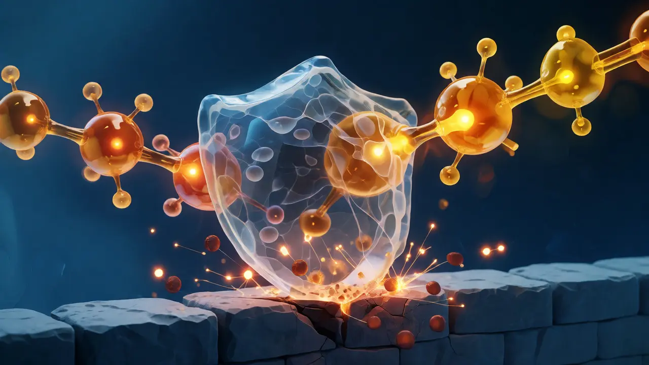 Ilustrace rozpadu biofilmu kvasinek působením přírodních látek z oregana a kokosu.
