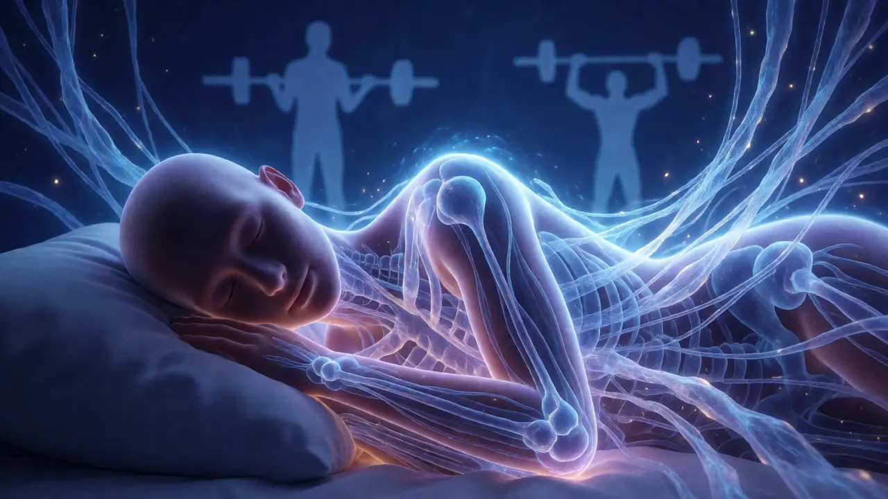 Konceptuální ilustrace regenerace kolagenových vláken během spánku