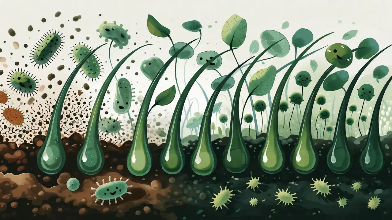Konceptuální ilustrace zdravé mikrobiomy na pokožce hlavy připomínající úrodnou půdu.
