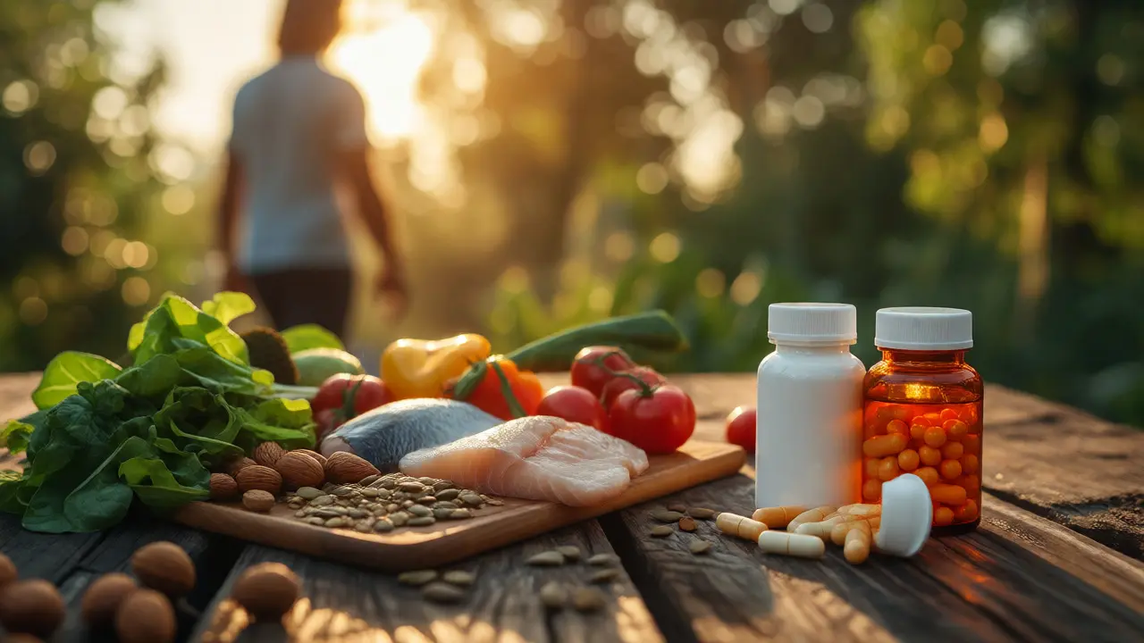 Zdravé potraviny a multivitamíny na stole s pozadím osoby procházející se venku.