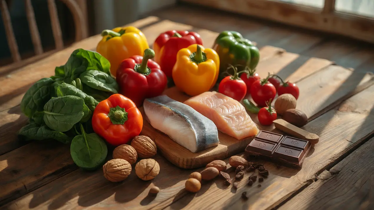 Čerstvé potraviny bohaté na vitamíny a minerály uspořádané na dřevěném stole.