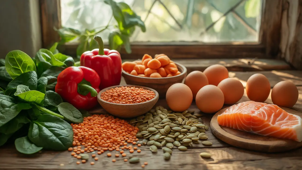Čerstvé potraviny bohaté na vitamíny pro vlasy na dřevěném stole