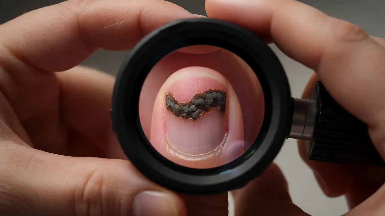 Dermatolog vyšetřuje nehet pomocí dermatoskopu pro zjištění struktury pigmentu.