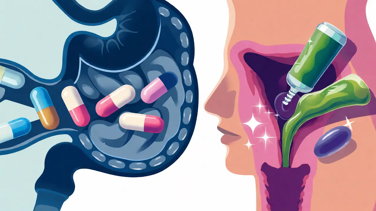 Ilustrace srovnání cesty orálních kapslí a lokální aplikace vaginálních čípků