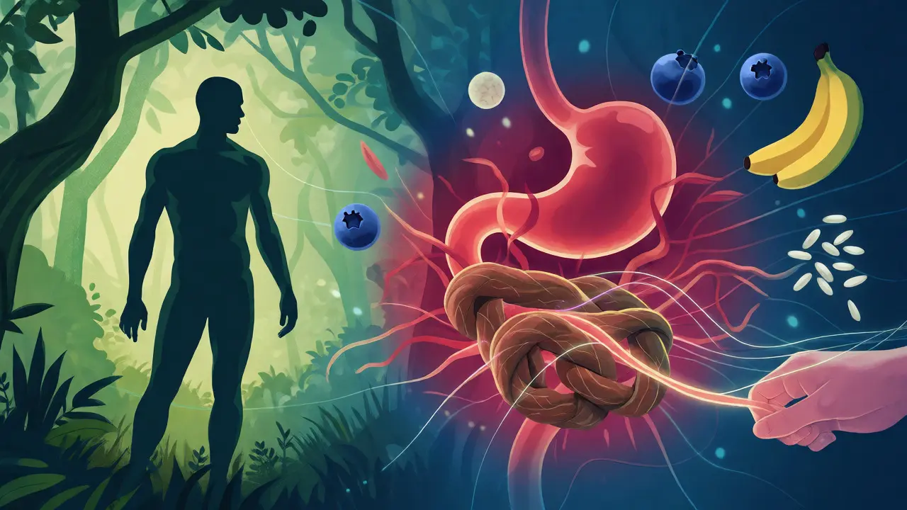 Konceptuální ilustrace propojení stresu a trávení s uzdravujícími prvky