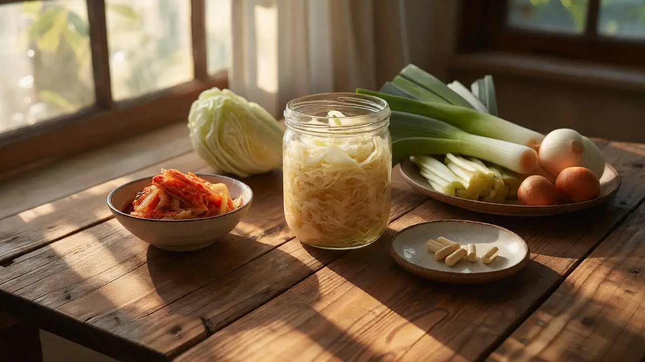 Kysané zelí, kimchi a kapsle probiotik na dřevěném stole