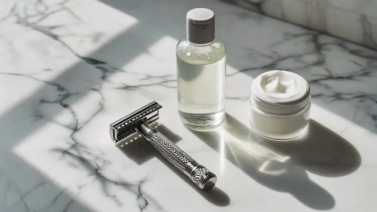 Minimalistická sestava žiletky a zklidňujících produktů