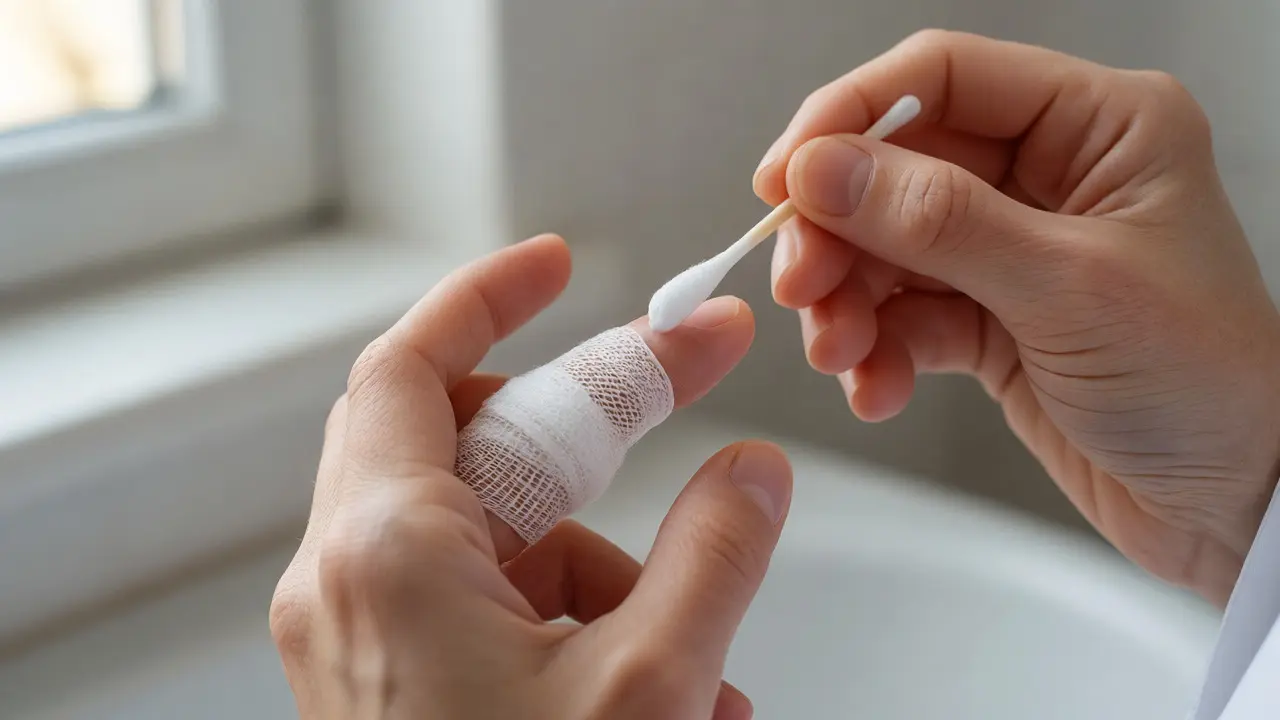 Nanášení regenerační masti na otevřené nehtové lůžko