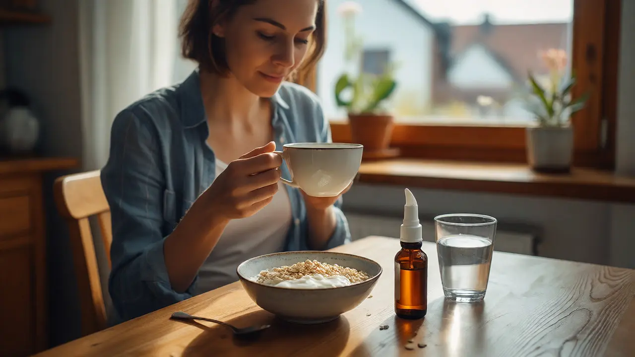 Zdravá snídaně s ovesnými vločkami a sublingválním sprejem vitamínu B12